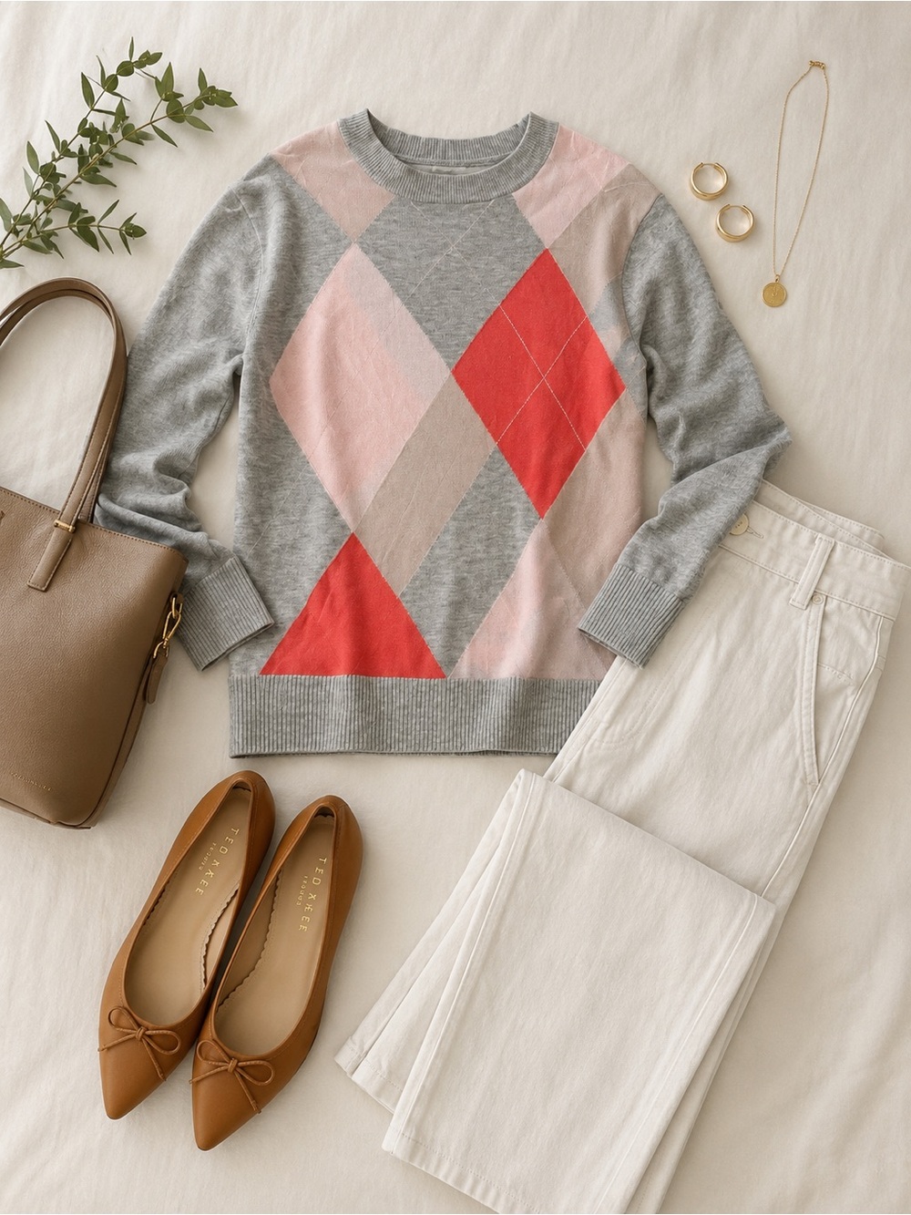 Ted Baker Argyle Sweater | Grey, Blush & Coral | Lightweight Knit Pullover | XS